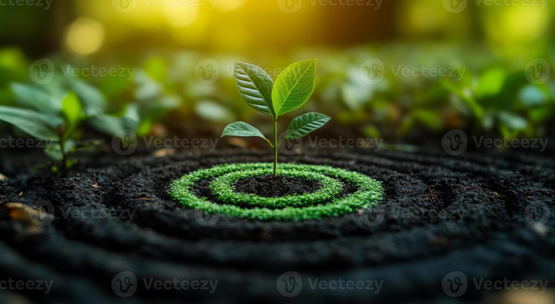 A tiny plant is growing in the center of a circle of dirt. The circle is surrounded by dirt, and the plant is thriving in the middle. Concept of growth and new beginnings photo