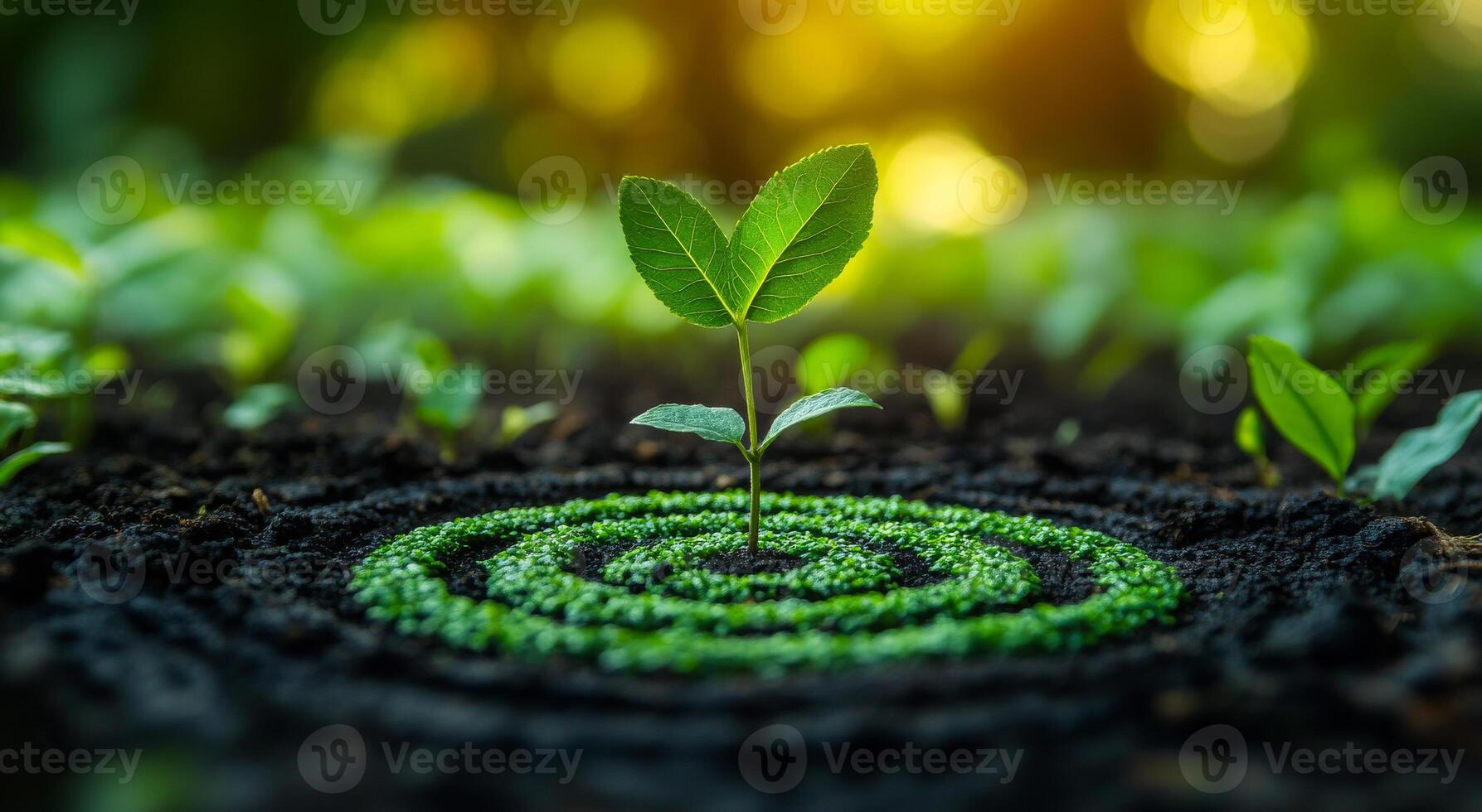 A tiny plant is growing in the center of a circle of dirt. The circle is made up of dirt and the plant is surrounded by it. The plant is small and green, and it is thriving in the dirt photo