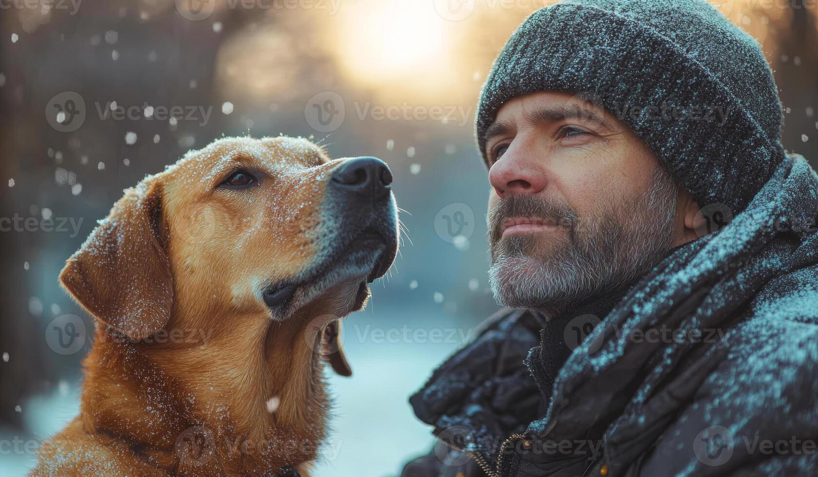 A man and a dog are standing in the snow. The man is wearing a hat and a coat. The dog is looking at the man with its nose photo