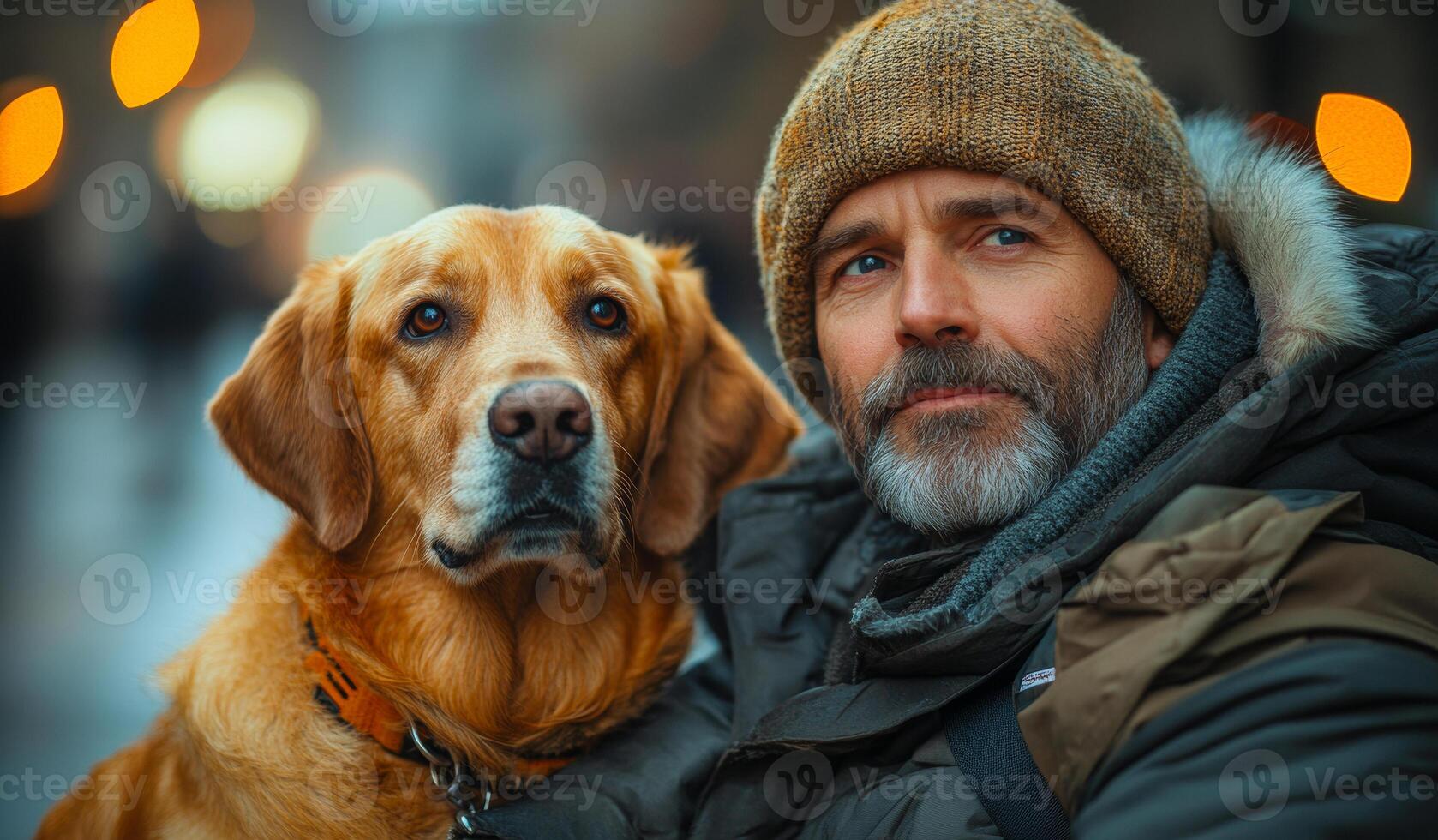 A man wearing a brown hat is holding a dog with a collar. The dog is brown and he is a retriever. The man and the dog are standing on a sidewalk, possibly in a city or town photo