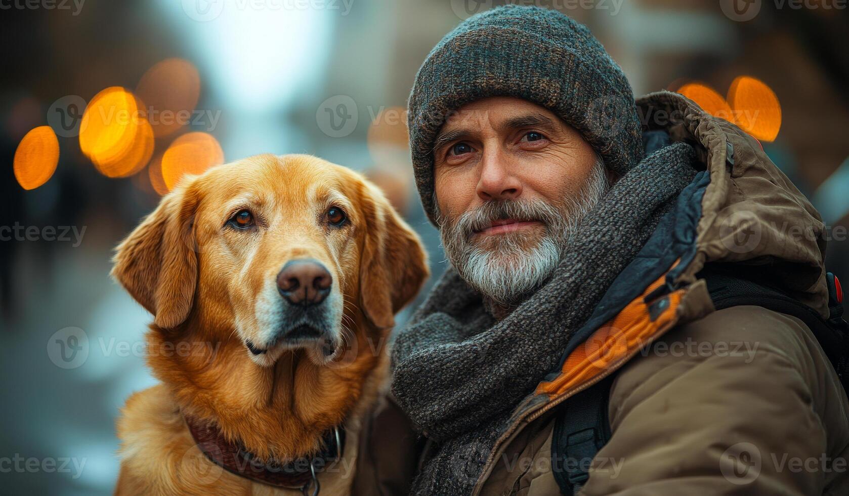 A man and his dog are standing together in the snow. The man is wearing a hat and a scarf, and the dog is wearing a collar. The scene is peaceful and heartwarming, as the man photo