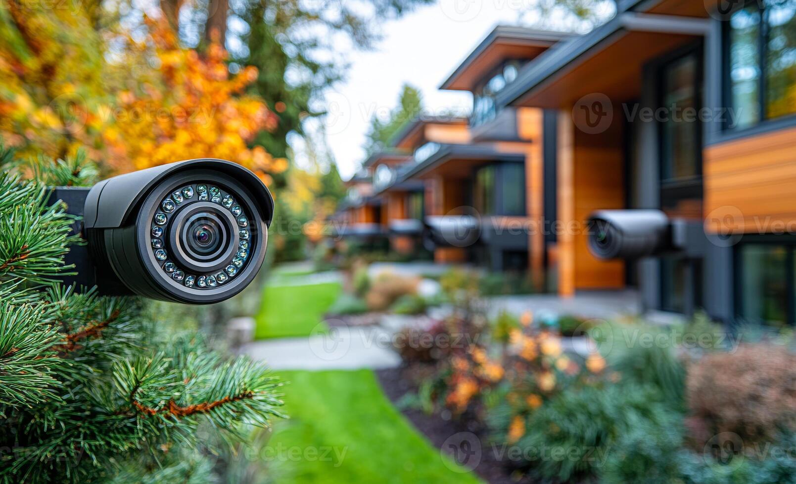 A camera is mounted on a tree branch in front of a row of houses. The camera is pointed at the houses, capturing the scene photo