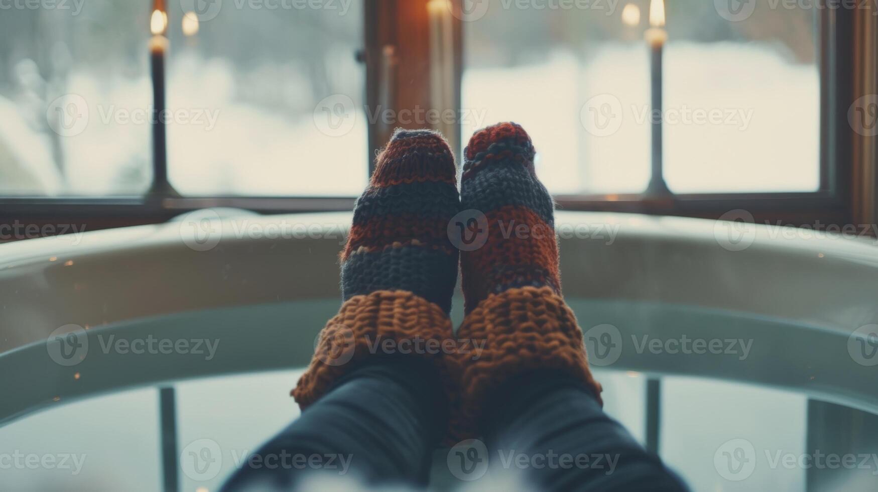 A person sitting in the bathtub with their hands and feet submerged while wearing a warm beanie to keep their head warm photo