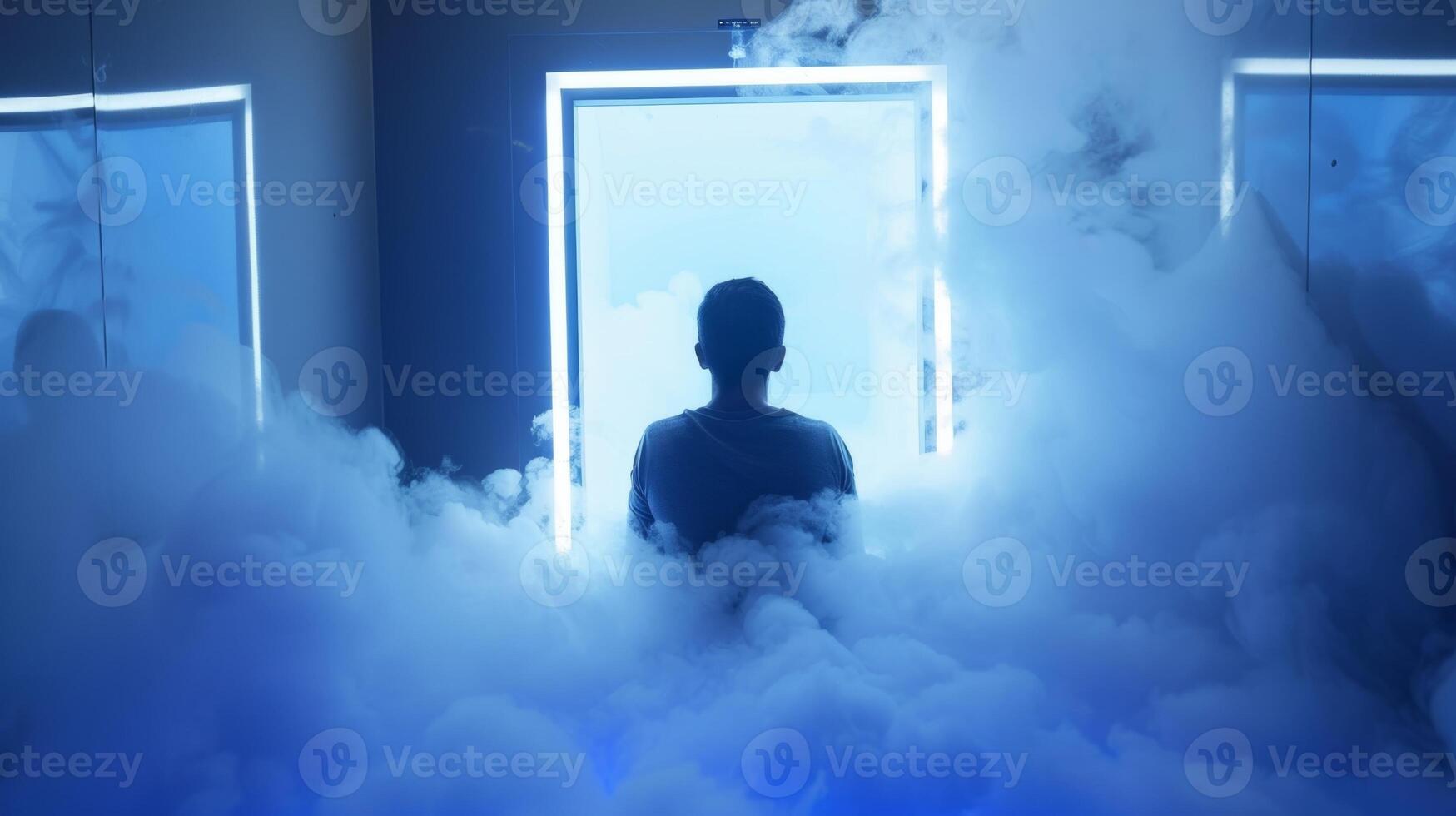 A person sitting in a cryotherapy chamber surrounded by liquid nitrogen gas using extreme cold therapy as a noninvasive treatment for chronic pain photo