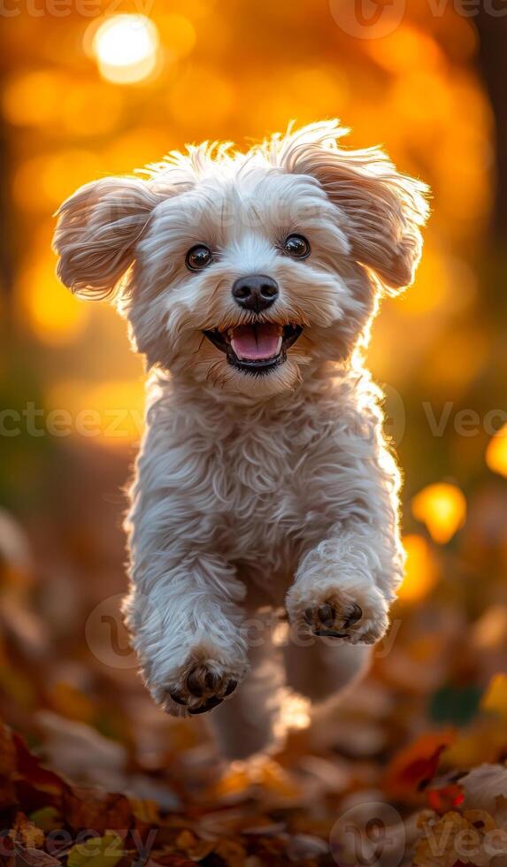 A white dog is running through a field of leaves. The dog is happy and energetic, and the leaves are falling around it. The scene is lively and playful, with the dog enjoying its time outdoors photo
