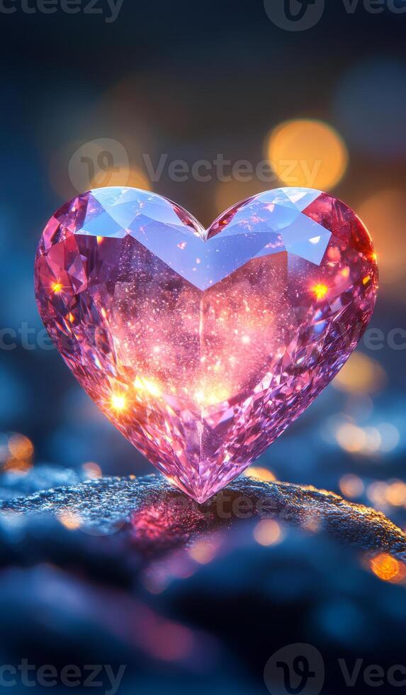 A heart made of a pink crystal is on a rock. The crystal is surrounded by a blue background photo