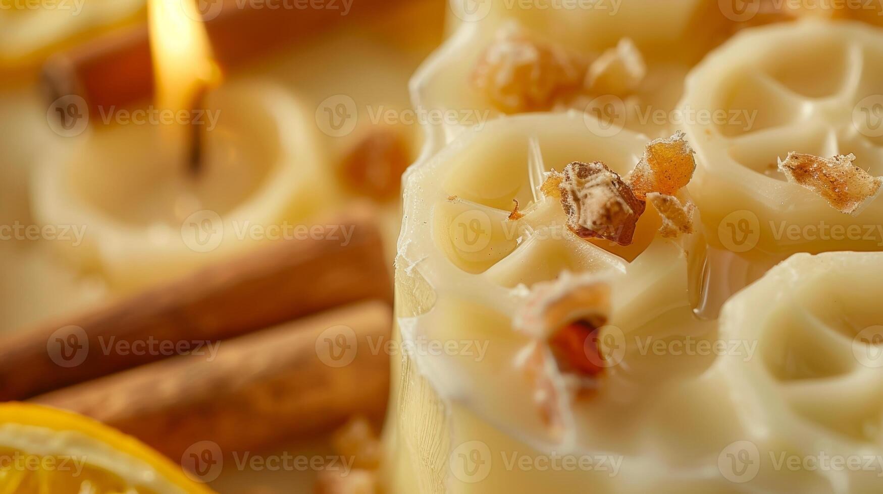 An upclose image of a homemade beeswax and coconut oil candle displaying small chunks of dried orange peel and chunks of cinnamon sticks embedded in the wax photo