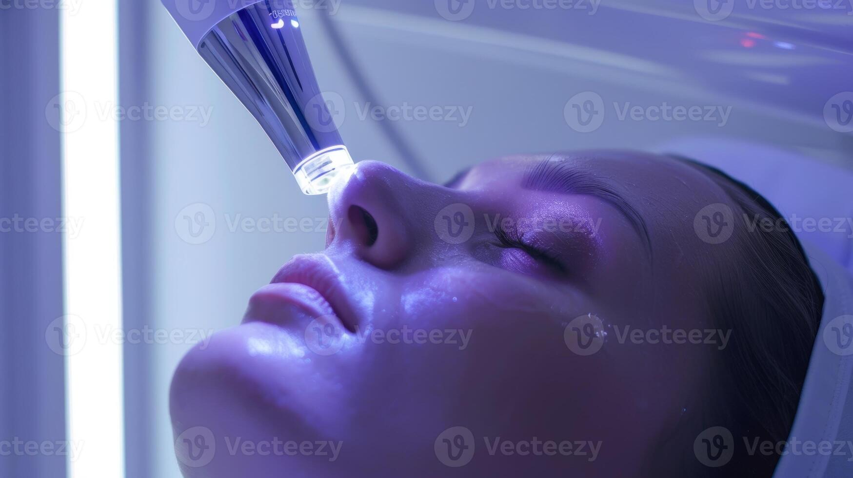 A detail shot of a cryotherapy wand being glided over a persons face targeting fine lines and wrinkles photo