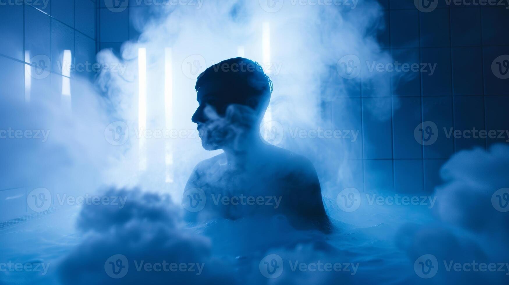 A cloud of thick fog engulfs a person inside a cryotherapy chamber the chilling temperature visible through their skin photo
