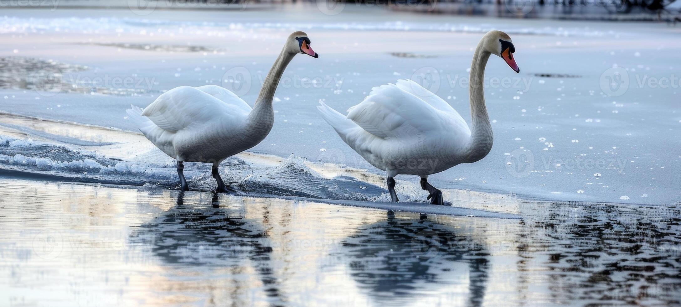 A pair of swans gracefully gliding across the frozen lake their elegant movements leaving a trail on the ice photo