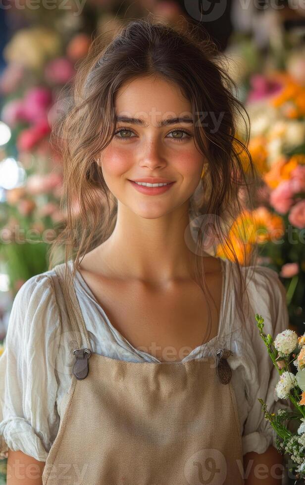 A woman with a smile on her face is standing in front of a flower arrangement. She is wearing a white shirt and a brown apron photo