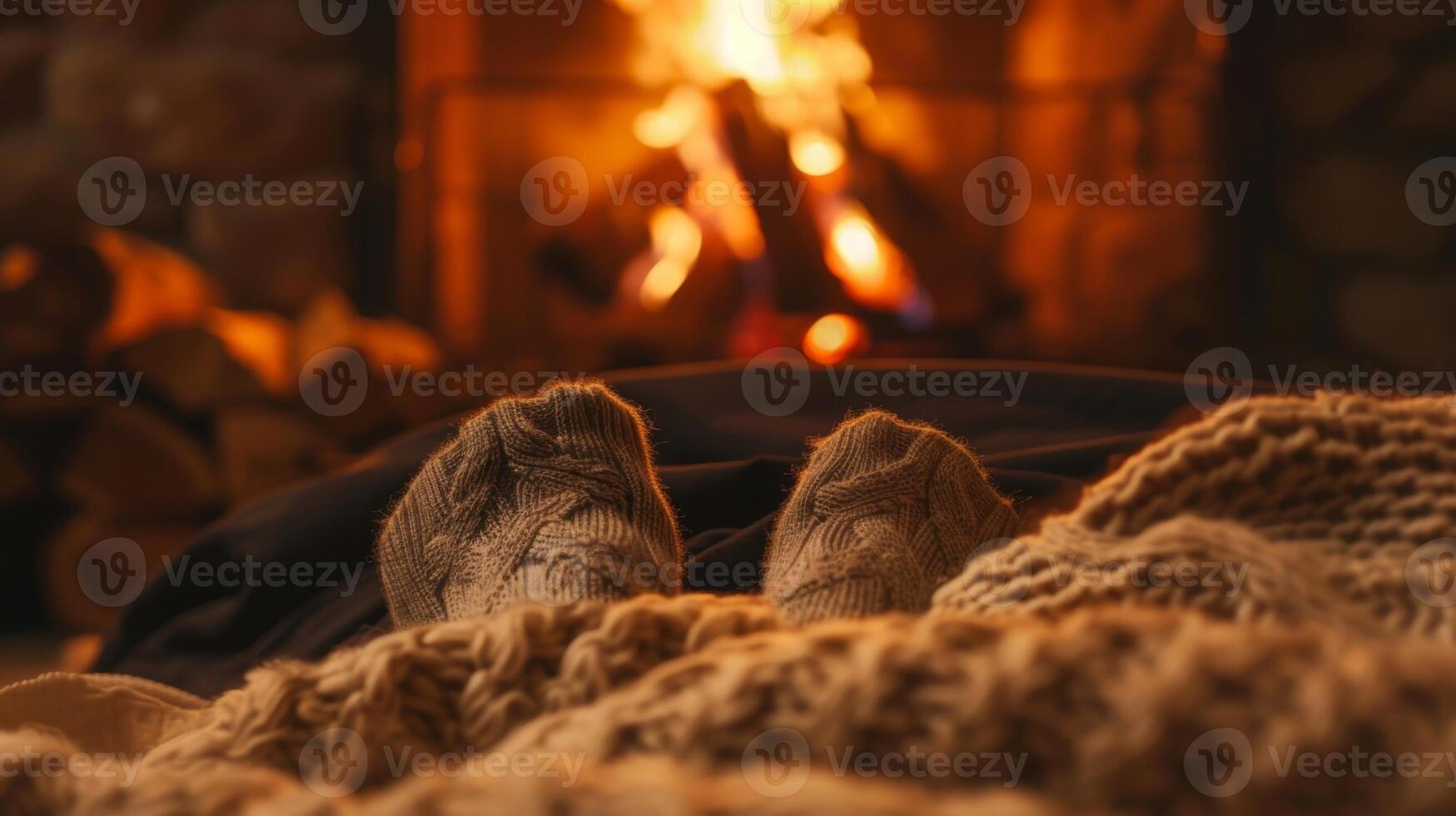 A pair of feet in wool socks peeking out from under a thick blanket in front of a roaring fireplace recovering from a day of cold water therapy photo