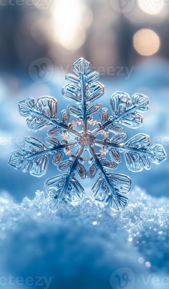 A snowflake is sitting on top of the snow. The snowflake is very small and is surrounded by a lot of snow. The image has a peaceful and serene mood photo