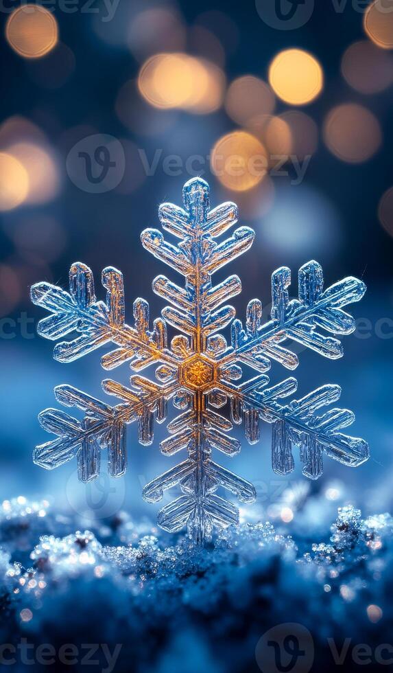 A snowflake is on a blue background. The snowflake is surrounded by a blurry background. The snowflake is the main focus of the image photo