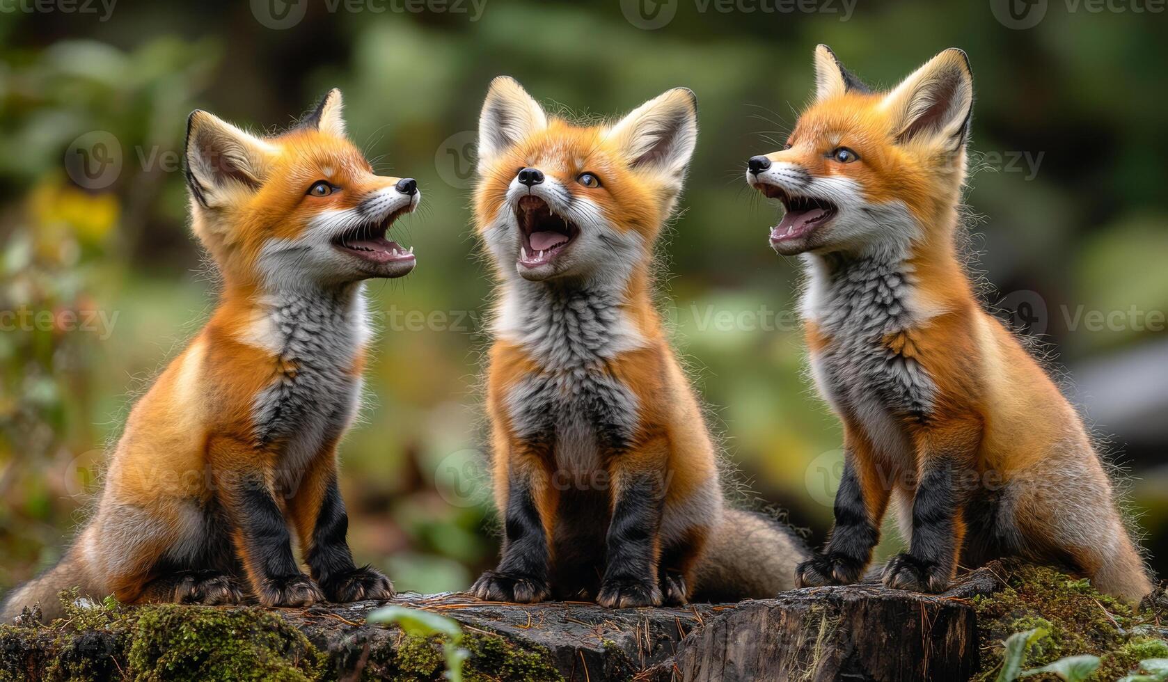 Three baby foxes are sitting on a log, one of them is making a loud noise. The scene is peaceful and calm, with the baby foxes looking up at the camera photo