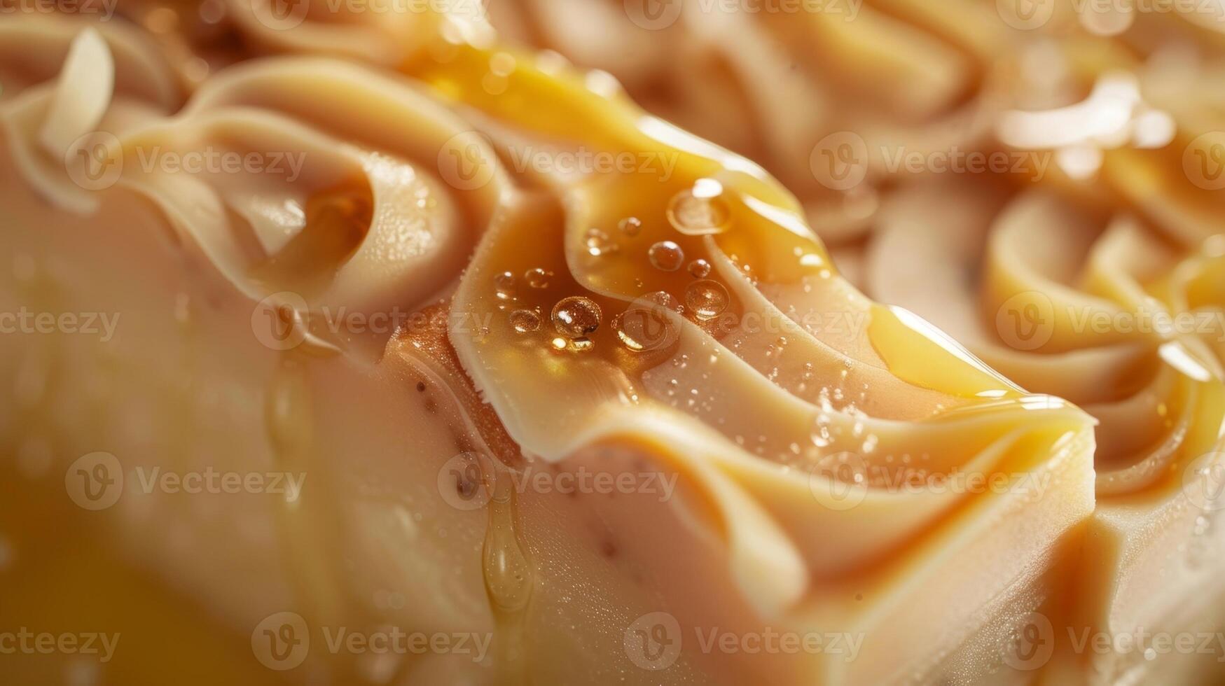 A closeup shot of a slice of handmade soap highlighting the smooth and velvety texture of the soaps top layer which is made of whipped cocoa butter and drizzled with honey. The soa photo