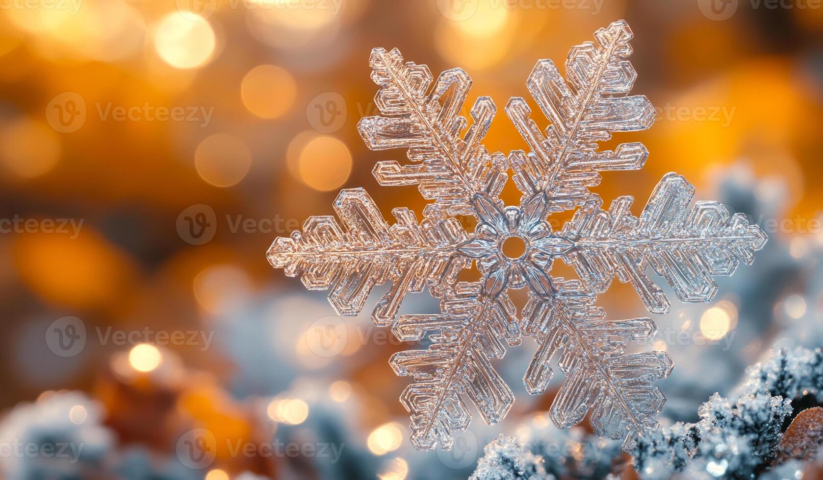 A snowflake is on a snowy ground. The snowflake is surrounded by a blurry background, which gives the image a dreamy and ethereal feel photo