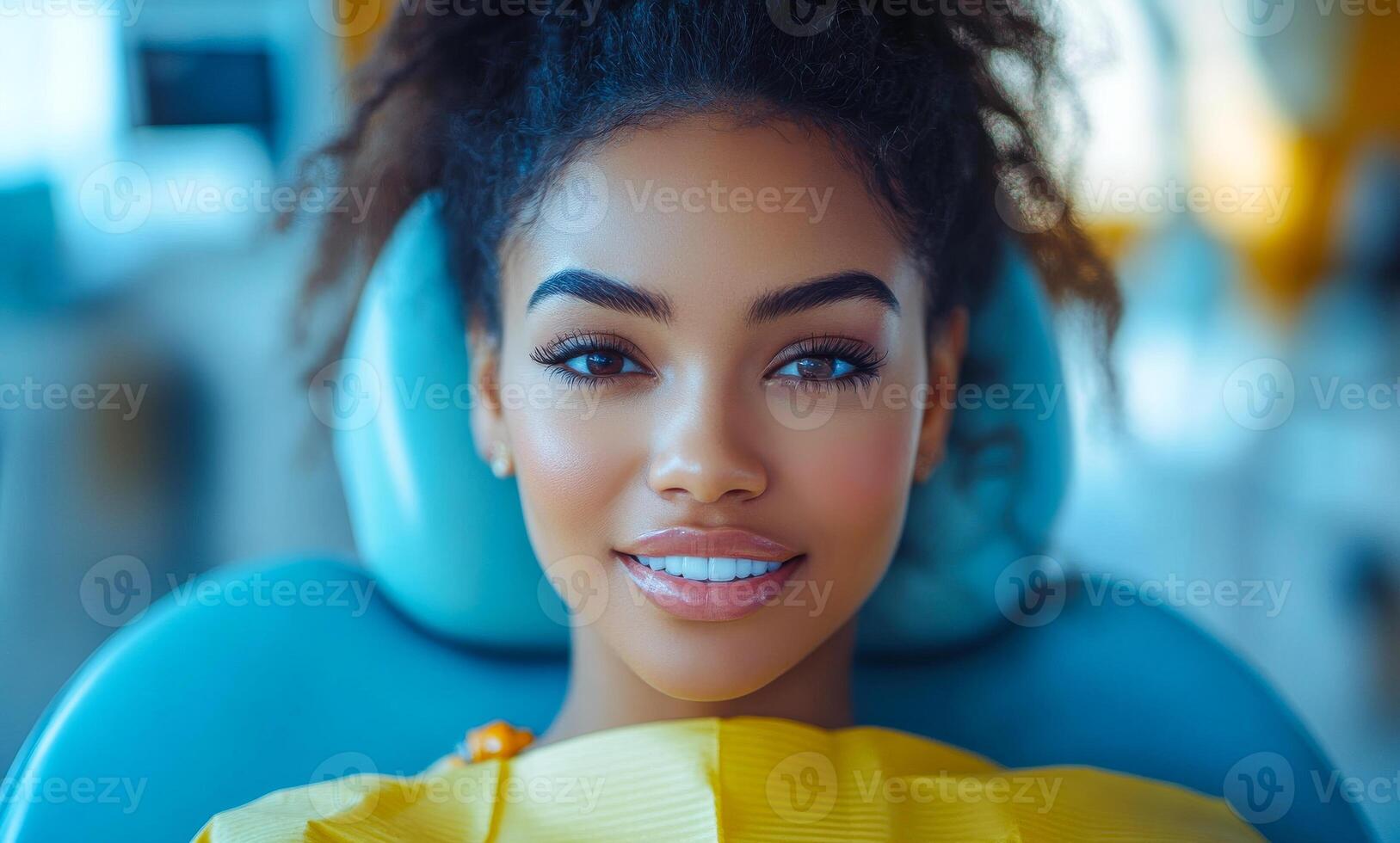 A woman with dark hair and a yellow gown is sitting in a dentist chair. She is smiling and looking at the camera photo