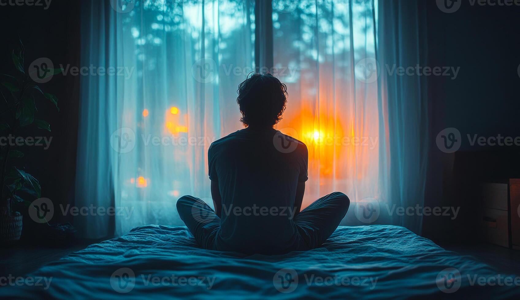 A man is sitting on a bed with his back to the camera. The room is dimly lit, and the man is looking out the window. Scene is contemplative and peaceful photo