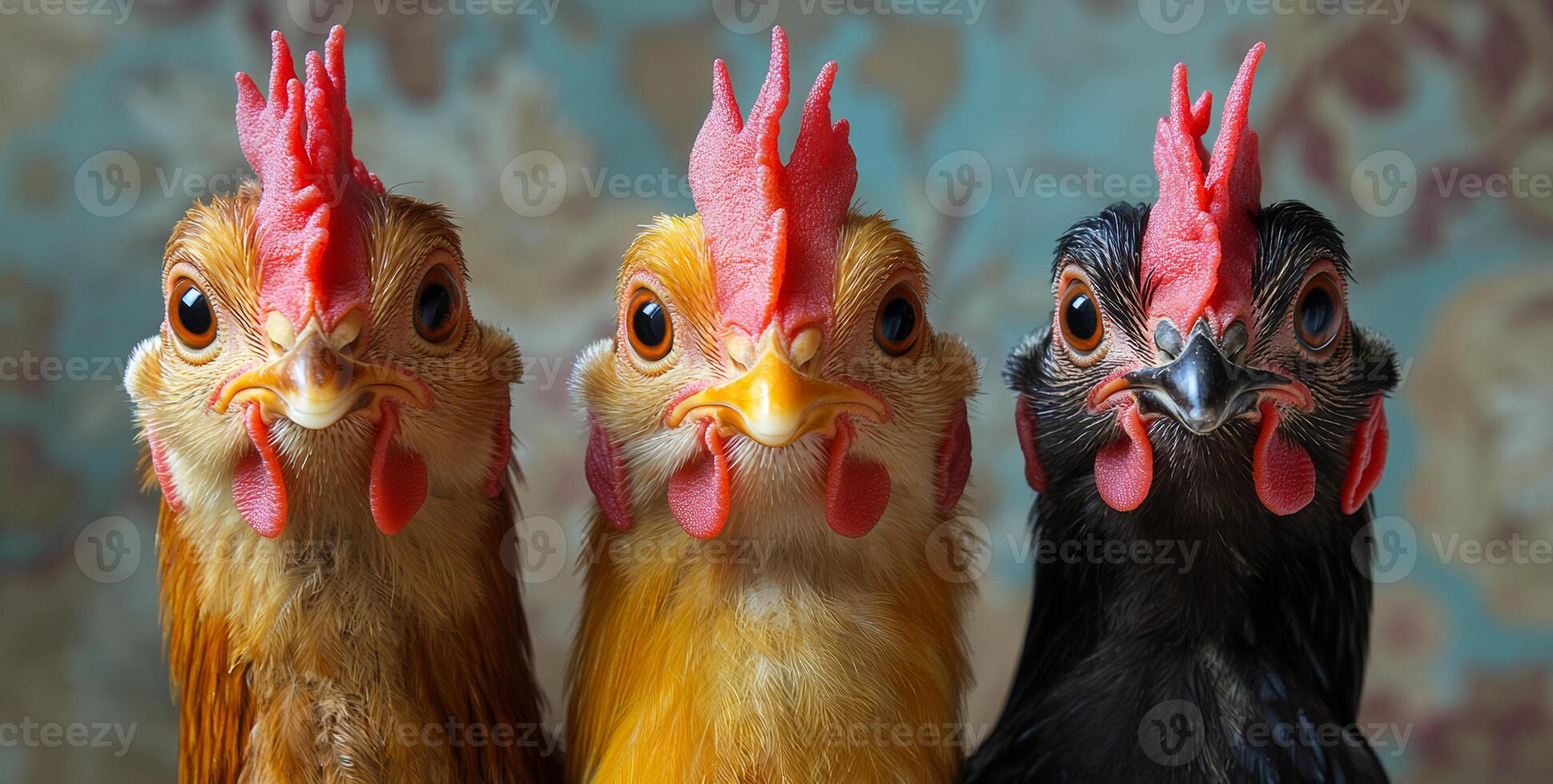 Three chickens with red beaks and yellow eyes. The chickens are standing next to each other. The image has a playful and lighthearted mood photo