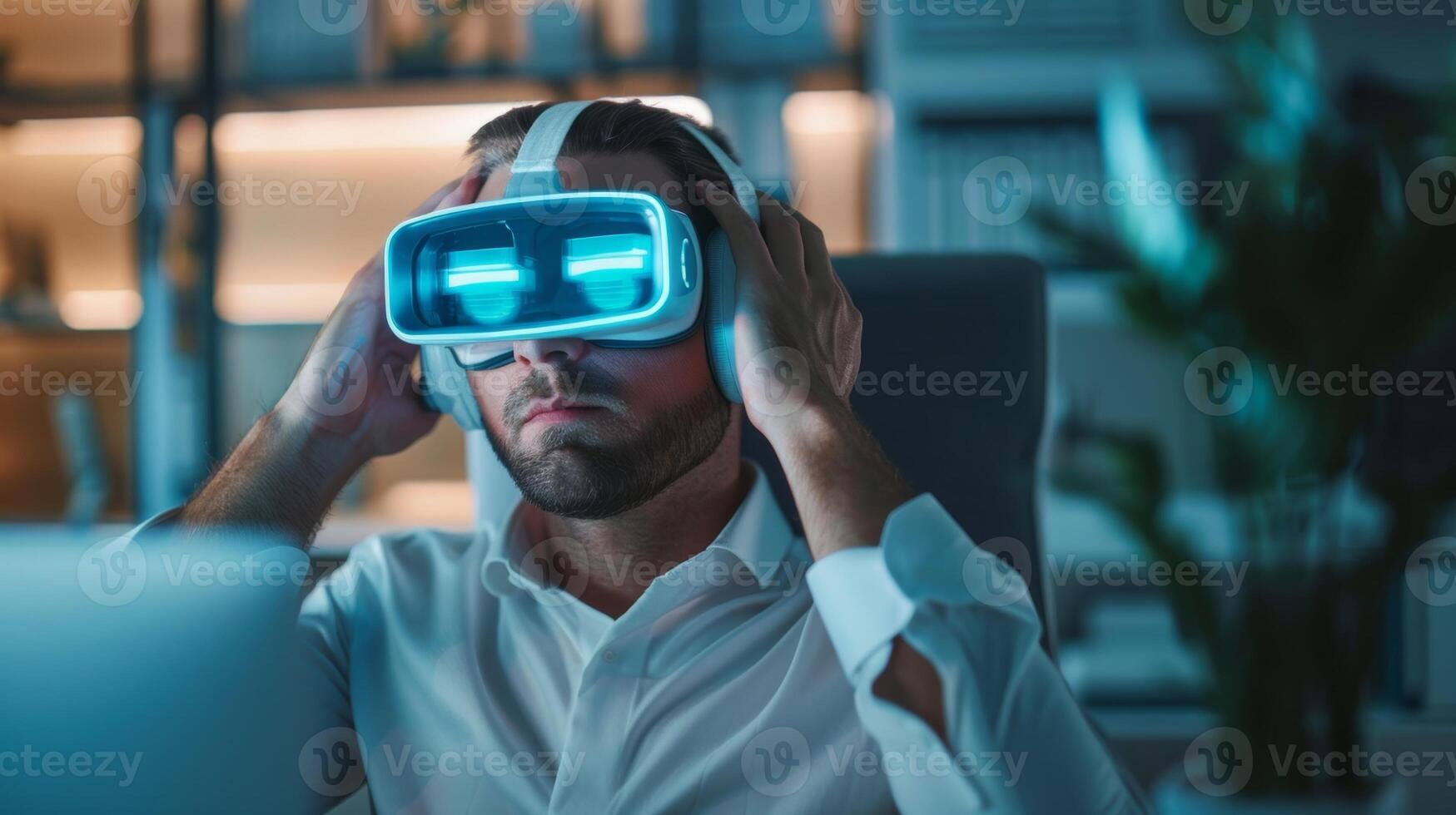 A busy professional sitting at their desk taking a break to use a portable cryotherapy device on their temples finding quick relief from workrelated stress photo