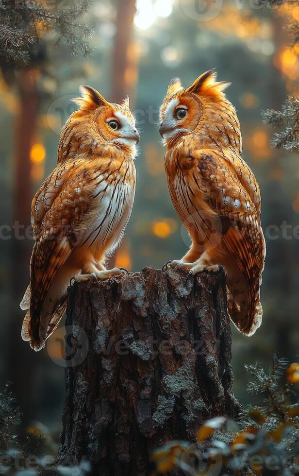 Two owls are sitting on a log in a forest. The owls are looking at the camera photo