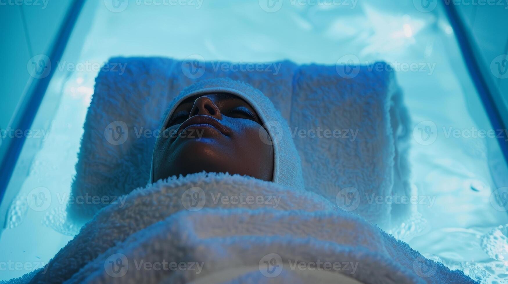 A person wrapped in a co of cold wet towels experiencing the invigorating effects of a full body cryotherapy treatment photo