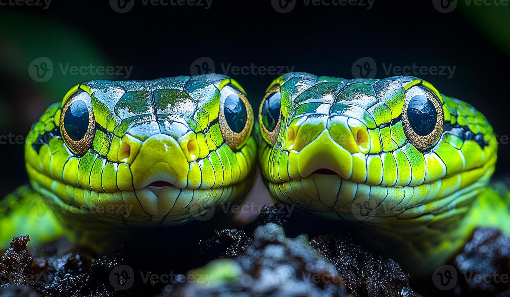 Two green snakes with yellow eyes are facing each other. The snakes are in a dark area, and their eyes are the only thing that is visible photo