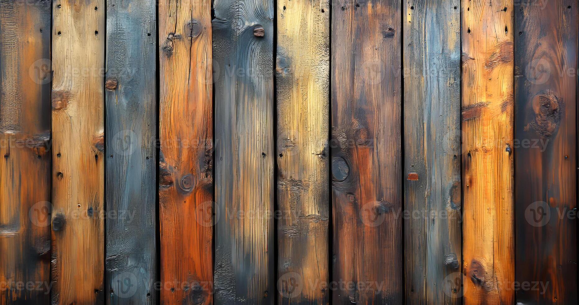 A row of wooden boards with a burnt look to them. The wood is brown and has a rustic feel photo