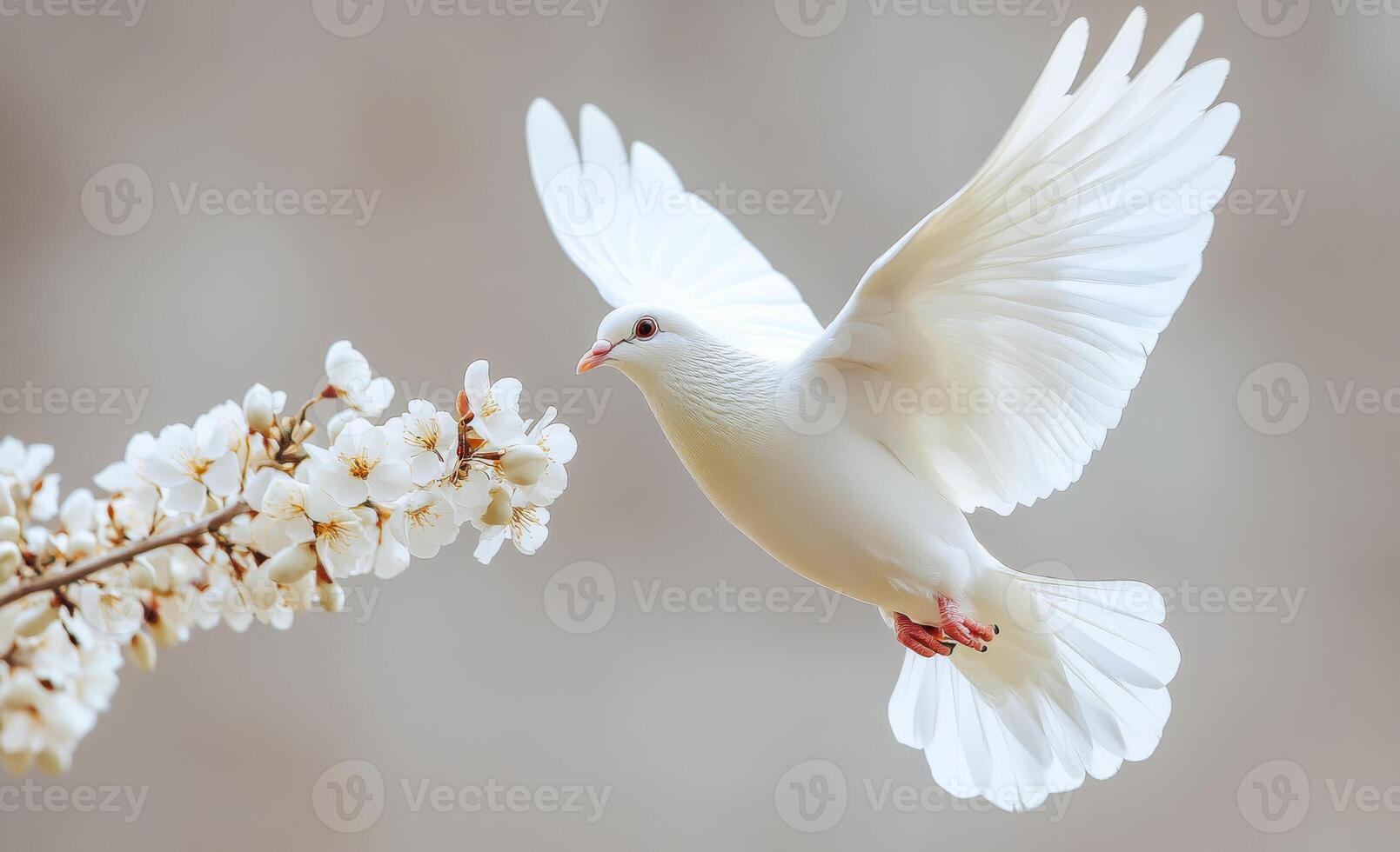 A white dove is flying over a branch with white flowers. Concept of peace and freedom, as the bird soars through the air with grace and ease. The white flowers add a touch of beauty photo