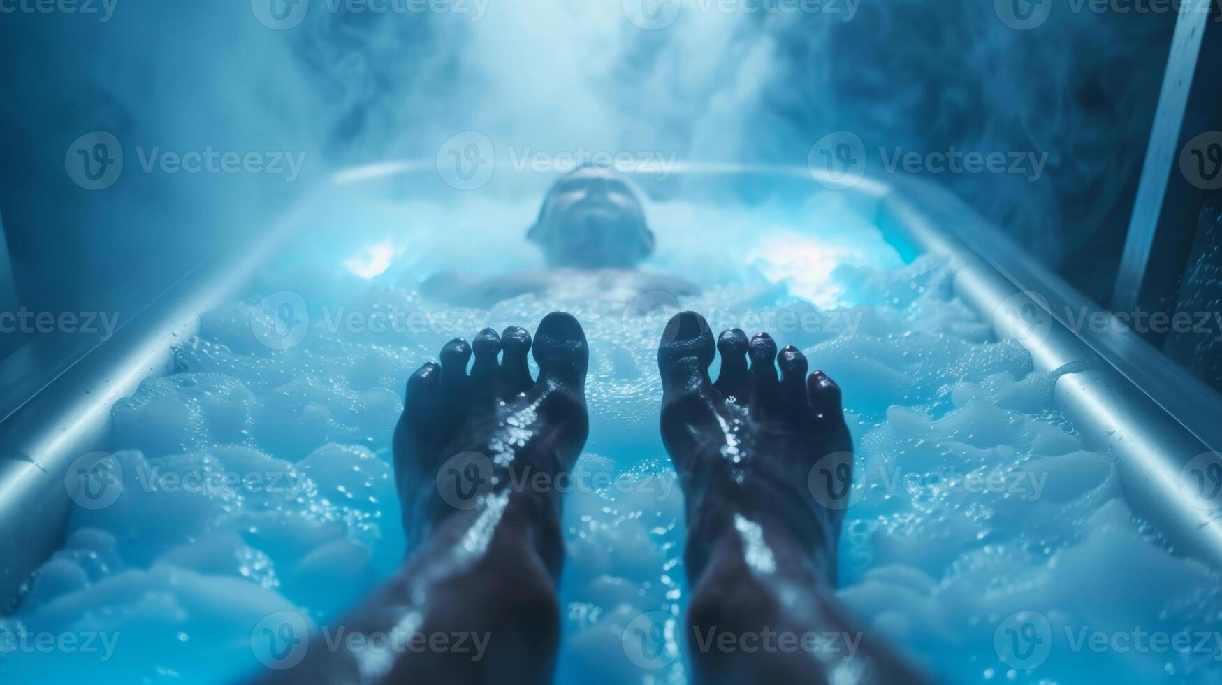 A man lying on his back in a cryotherapy tank the cold mist surrounding him as he reaches for his toes photo