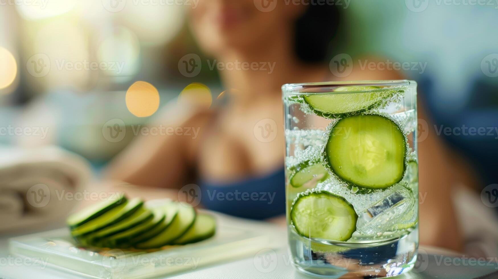 A glass of cucumber water next to a clients hand as they relax on a heated massage table during a contrast therapy session photo