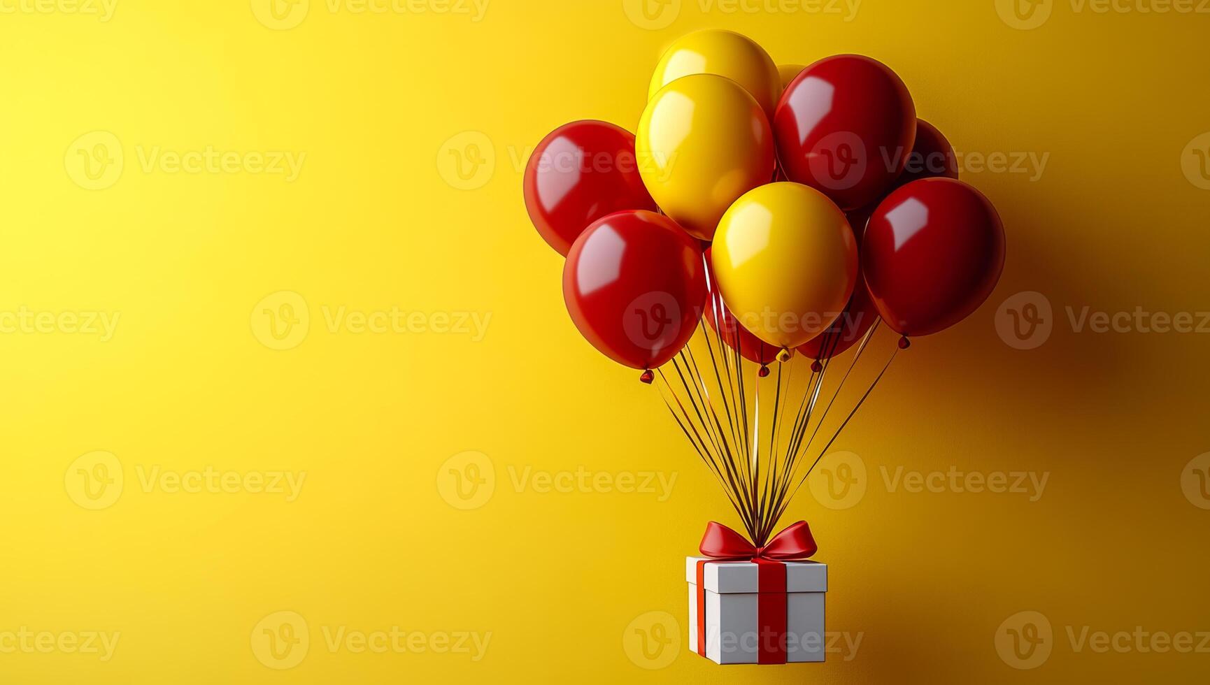 A bunch of balloons are floating above a white box with a red bow. The balloons are red and yellow, and they are scattered all over the box. Concept of celebration and joy photo