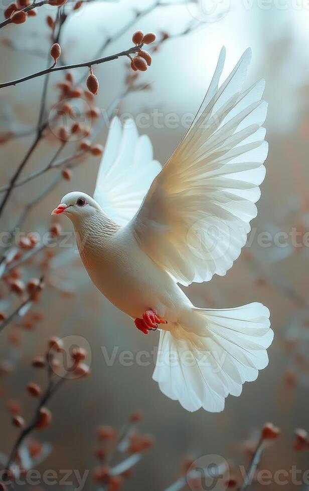 A white dove is flying through a tree with red berries. Concept of freedom and peace, as the bird soars through the air with ease. The red berries add a touch of color photo