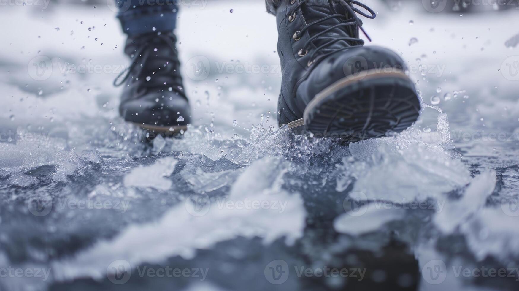 A closeup of a persons feet breaking through the frozen layer of the lake the icy water splashing up around them photo