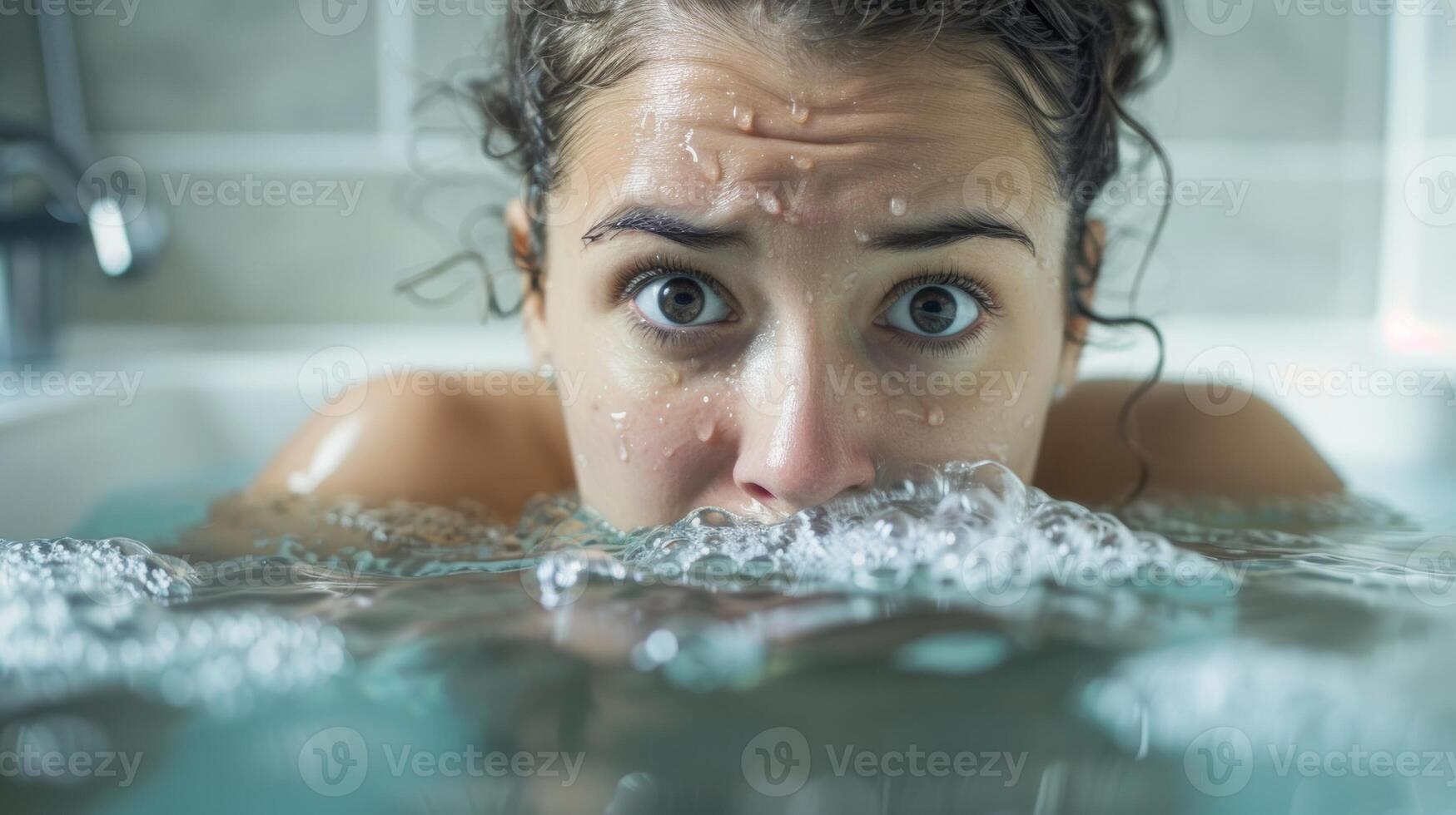 A woman is sitting in a bathtub filled with cold water a determined look on her face as she tries to adjust to the temperature photo
