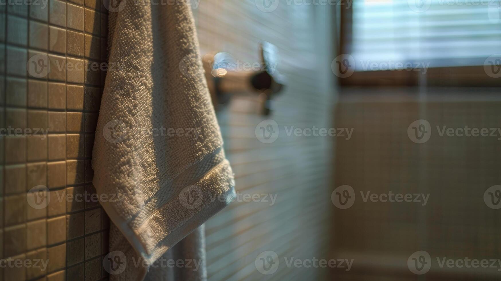 A towel hanging nearby ready to be used to warm up after the refreshing cold shower photo