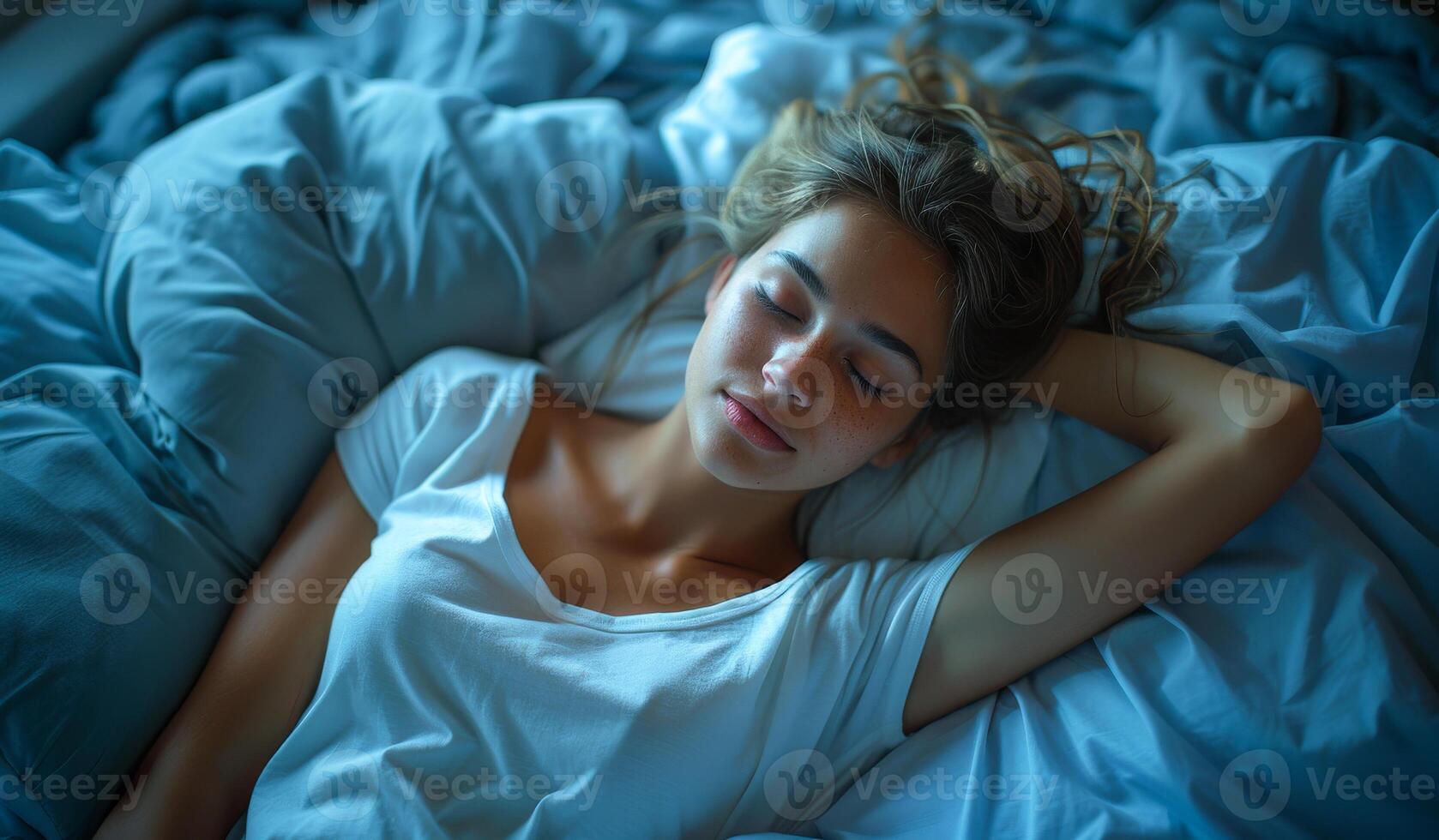 A woman is sleeping on a bed with her head on a pillow. She is smiling and she is in a relaxed state. photo
