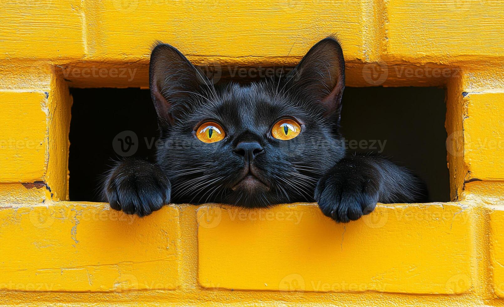 A black cat with yellow eyes is looking out of a window. The cat is looking at something outside, but it is not clear what it is. The image has a calm and peaceful mood. photo