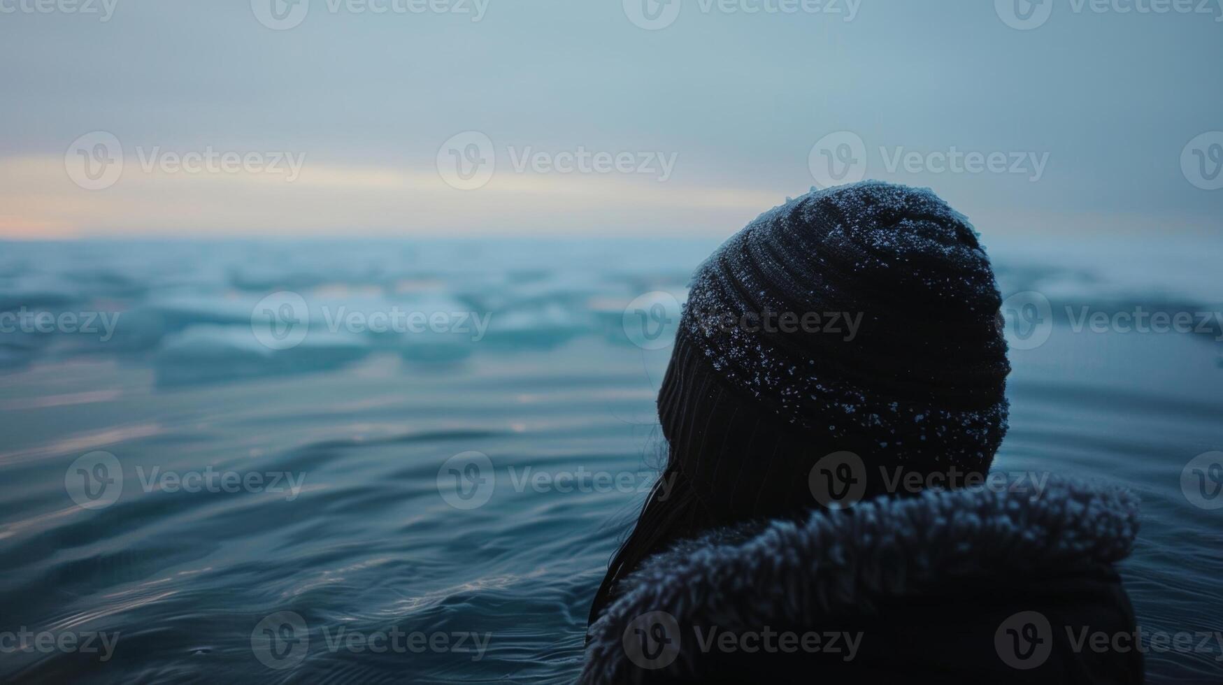 A person is seen gazing out at a calm icy ocean mentally preparing themselves for a long cold swim photo