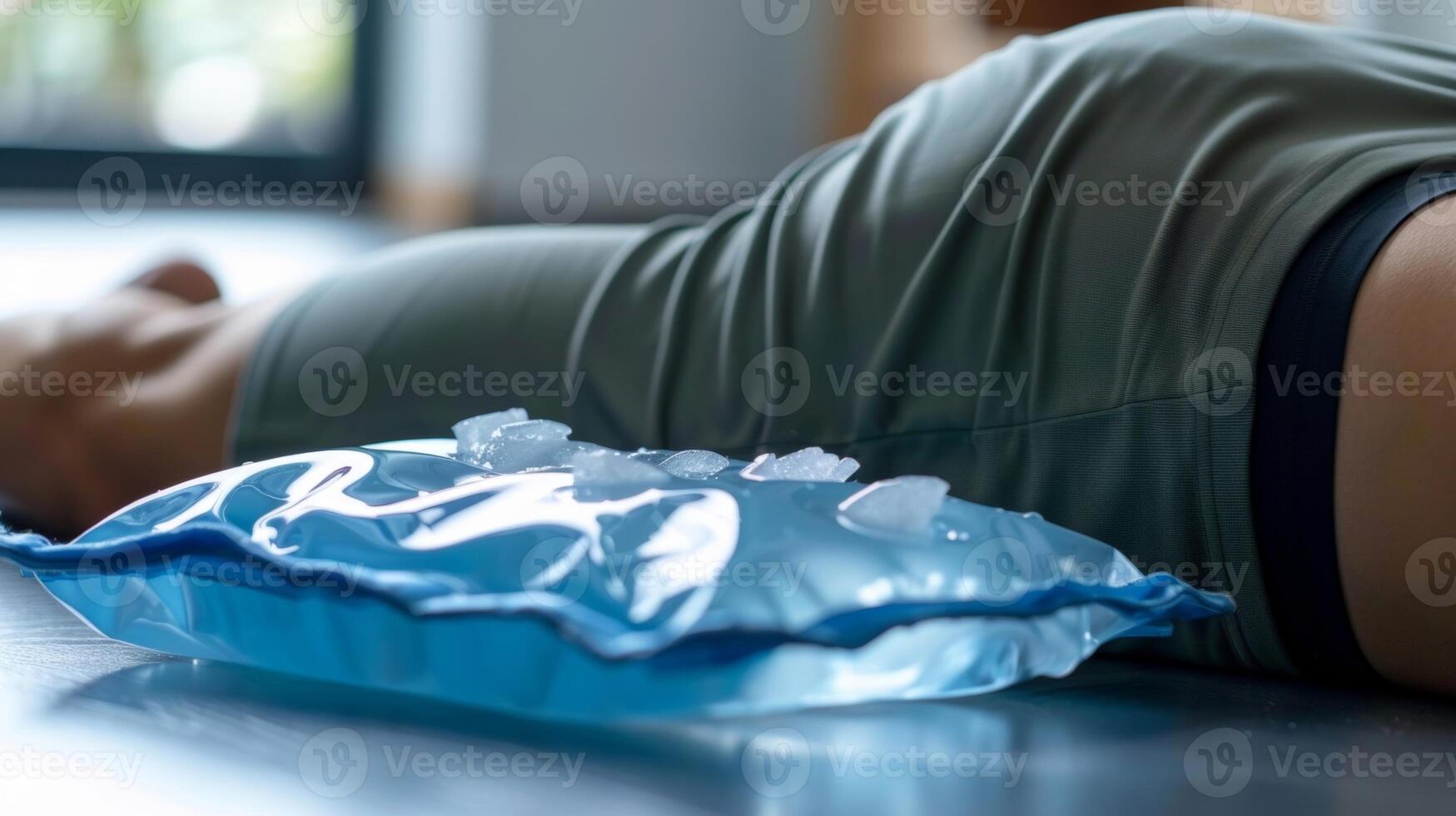 A person lying on their stomach in the fetal position with an ice pack on their lower back to reduce inflammation photo