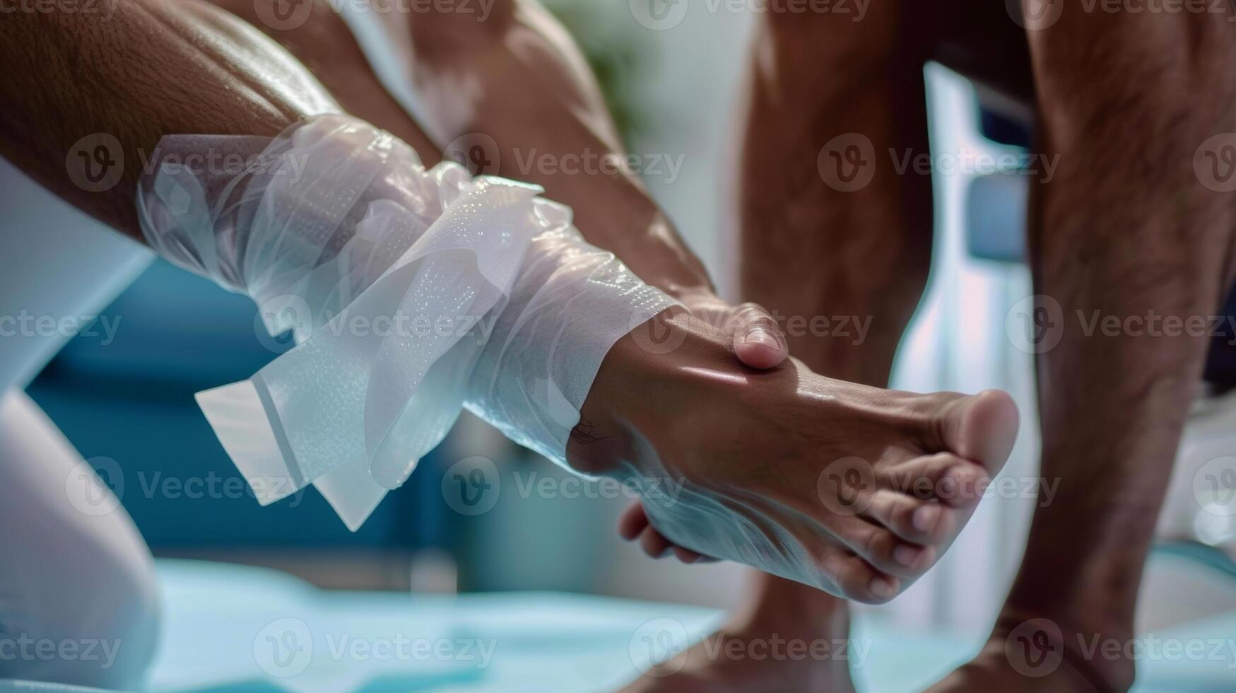 A persons swollen ankle being wrapped with a cryotherapy bandage designed to provide cooling relief to injured areas photo