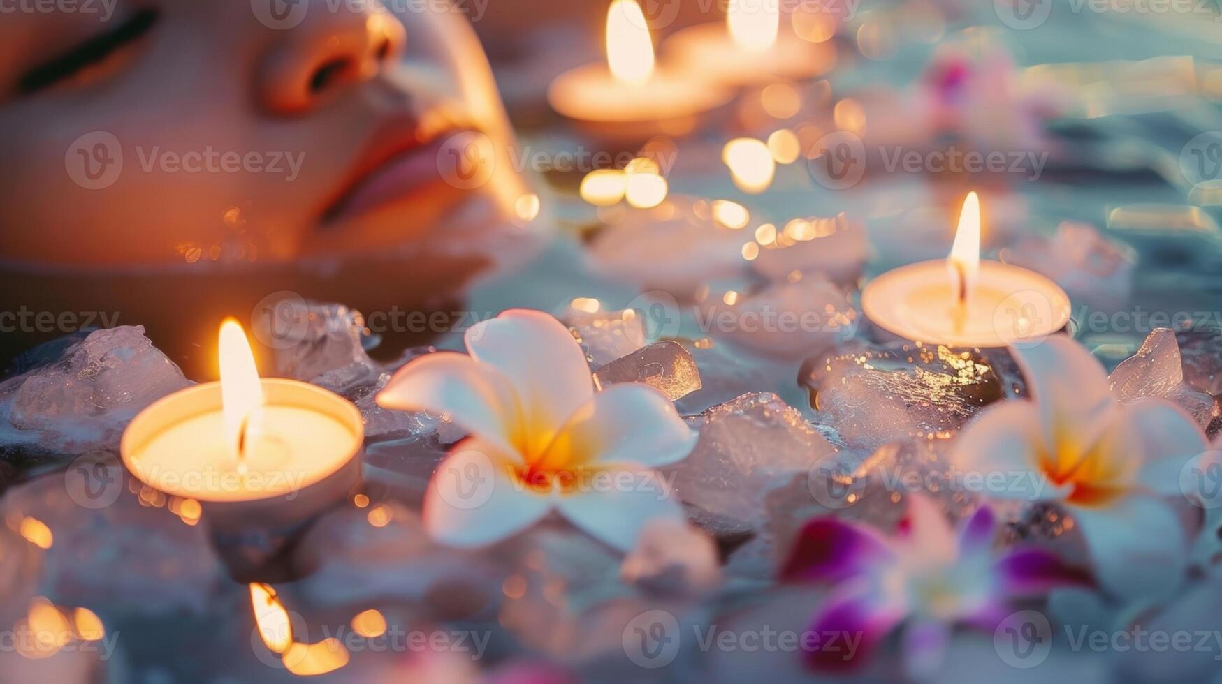 A person surrounded by candles and flowers enjoying a relaxing ice bath with the message Selfcare is not selfish its necessary accompanying the image photo