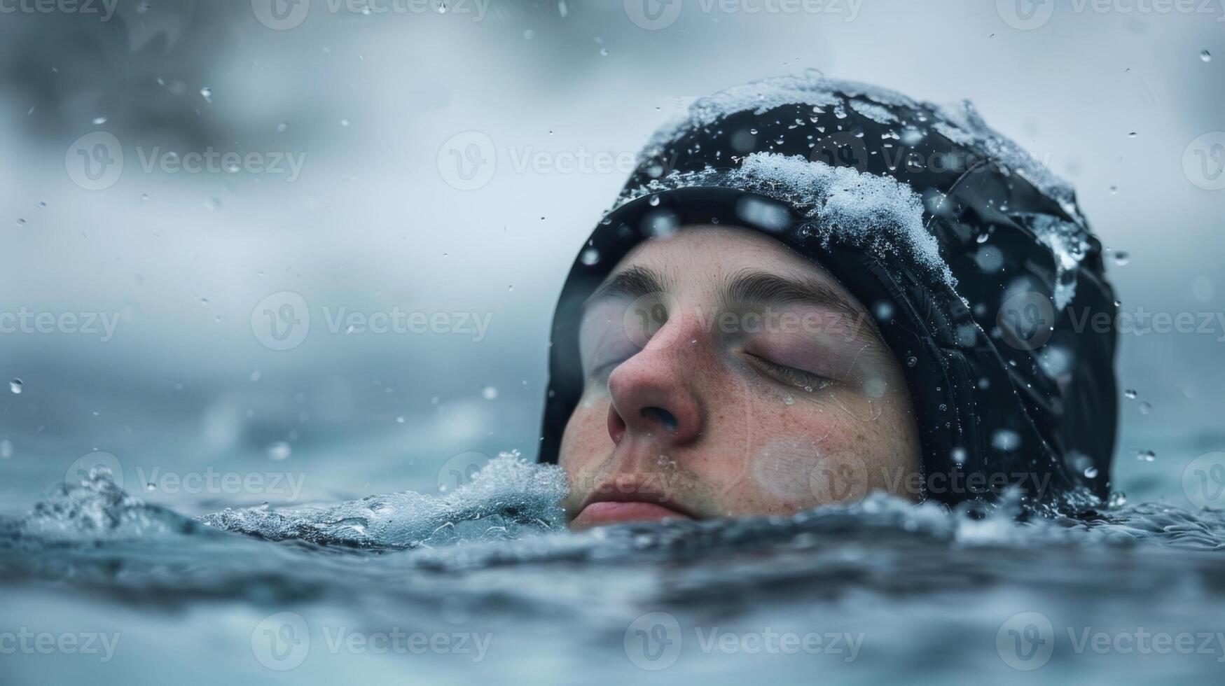 A person sitting in the ice bath eyes closed and deep in thought before taking the plunge photo