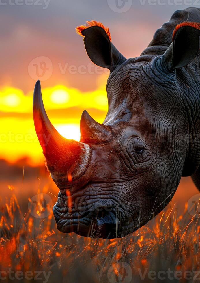A rhino is standing in a field, eating grass. The sun is setting in the background, casting a warm glow over the scene. The rhino's horn is prominently visible. photo