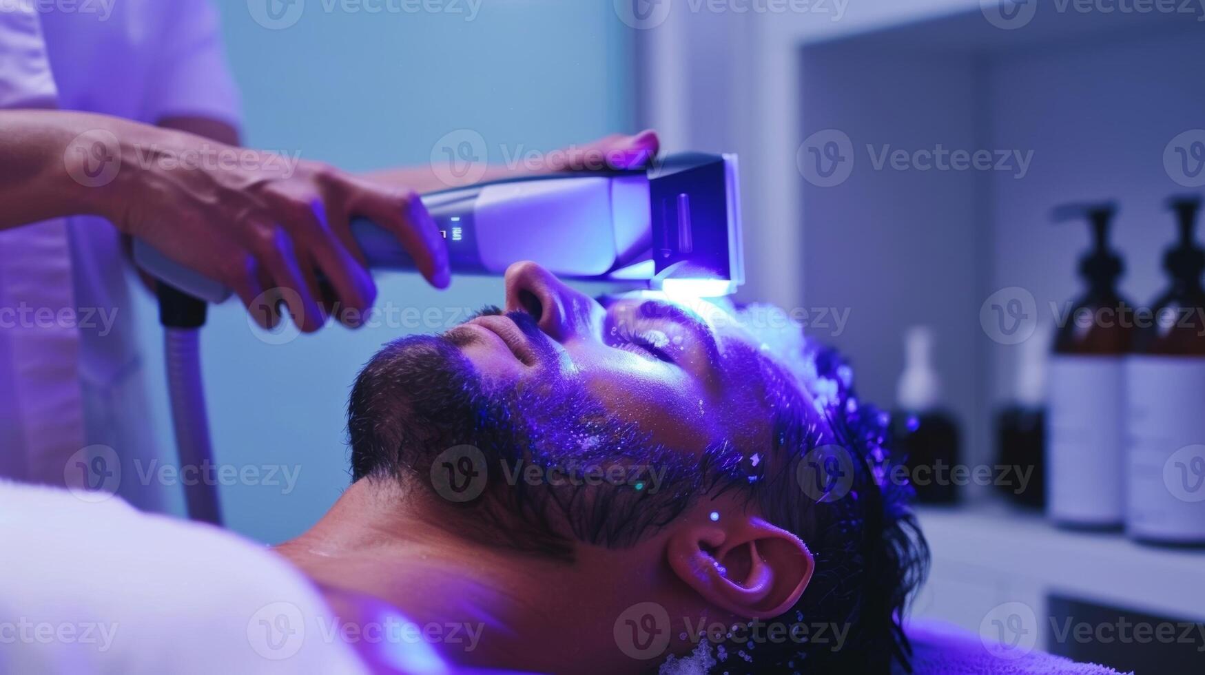 A man lying back on a bench while a the applies a cryotherapy wand to his forehead using the targeted cold therapy for stress reduction photo