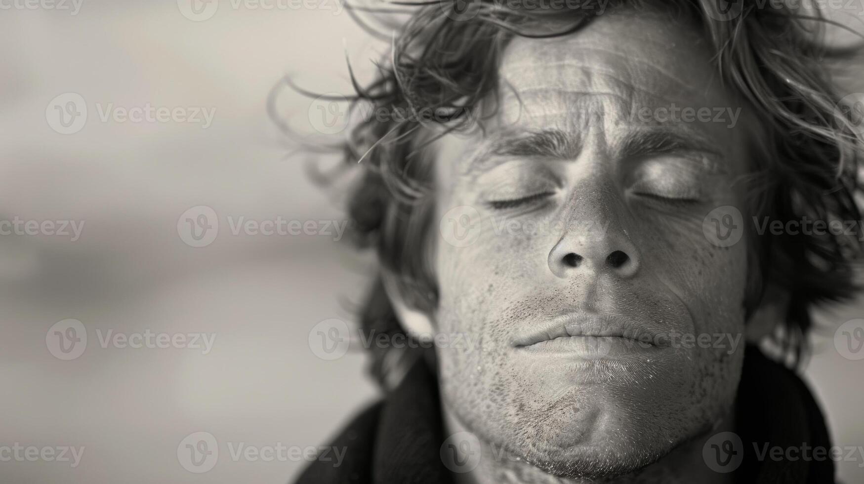 A surfer meditates on the beach his closed eyes and serene expression evidence of his mental and physical recovery from a day of cold water surfing photo