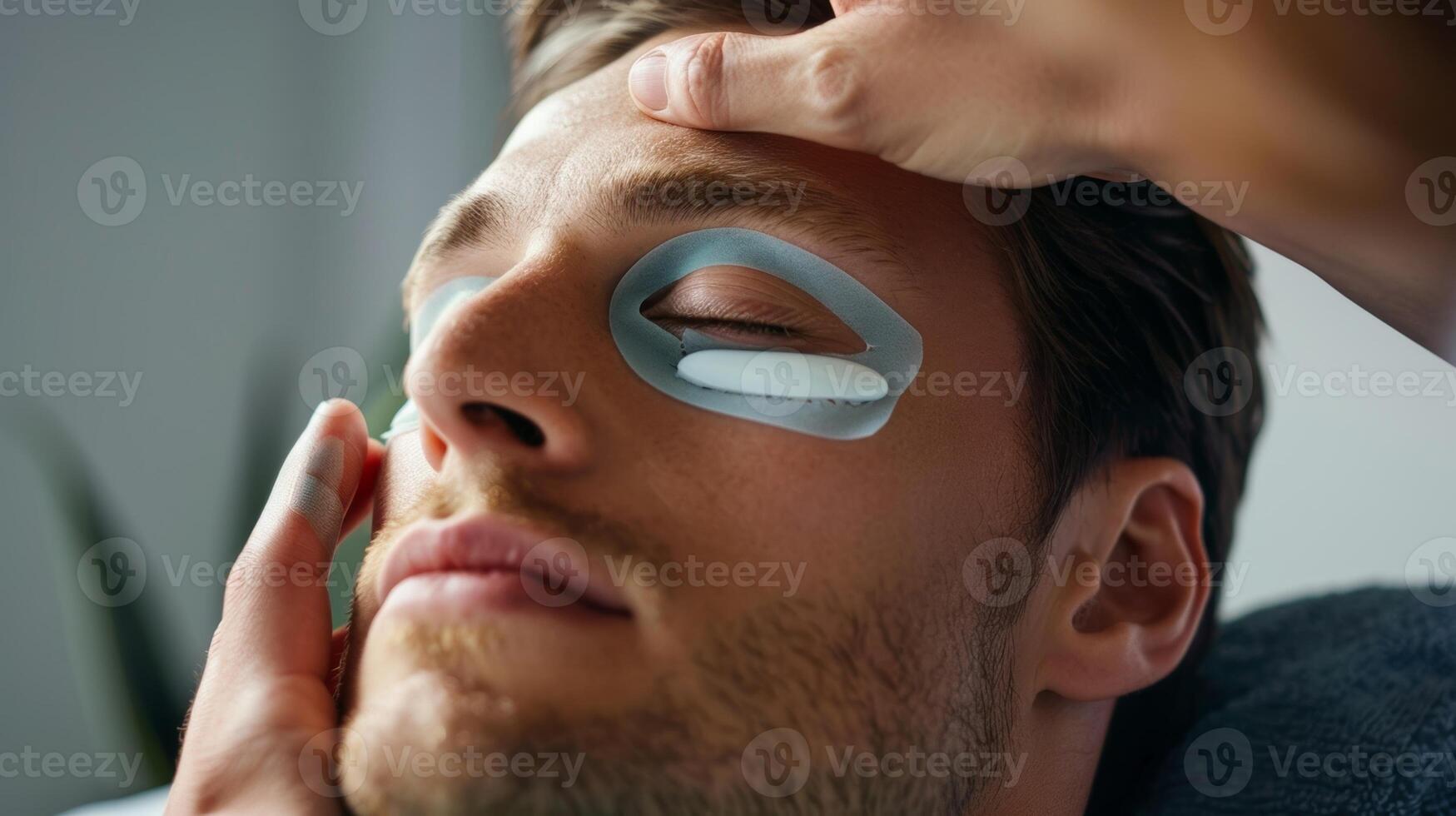 A man applying a cryotherapy eye mask cooling and brightening the undereye area for a more alert and fresh appearance photo