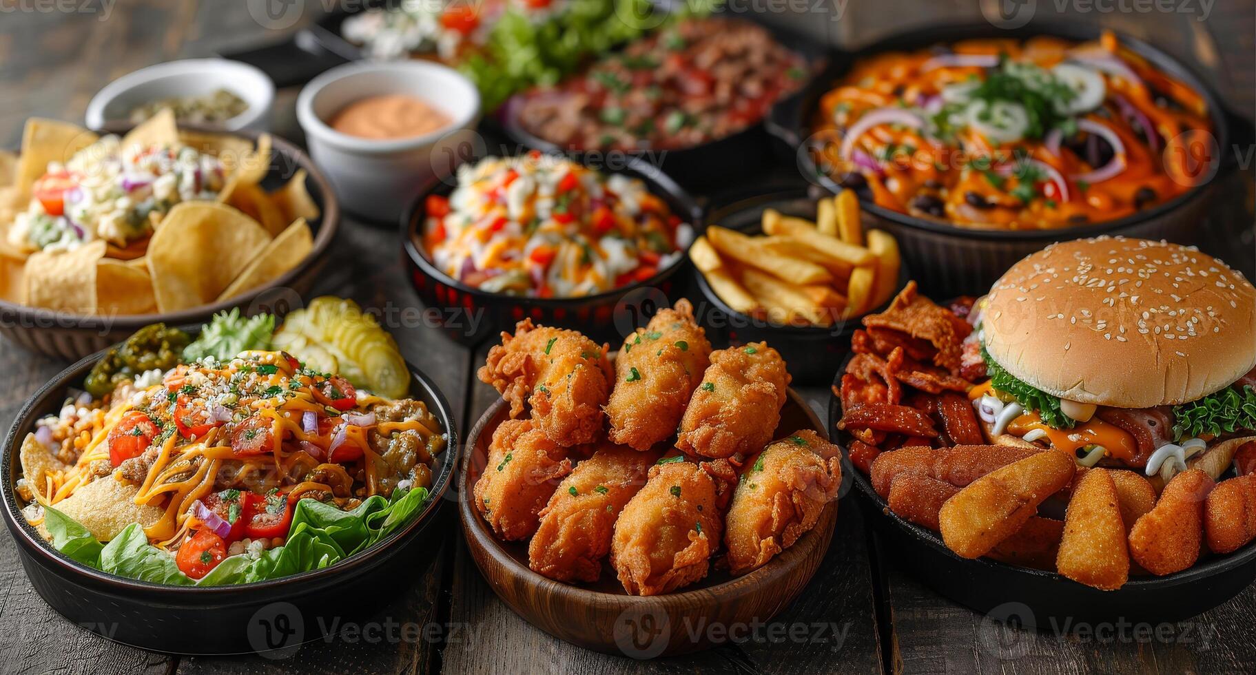 A table full of food including a variety of dishes such as chicken wings, fries, and a burger. photo