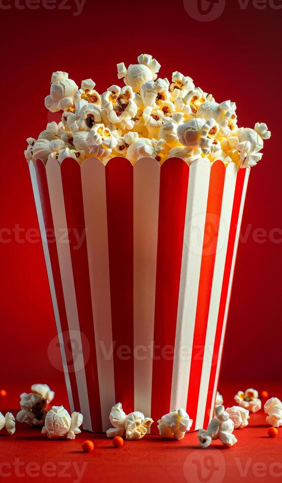 A red and white popcorn bucket with a lot of popcorn in it. The image has a fun and playful mood, as it is a simple yet creative way to display popcorn. photo